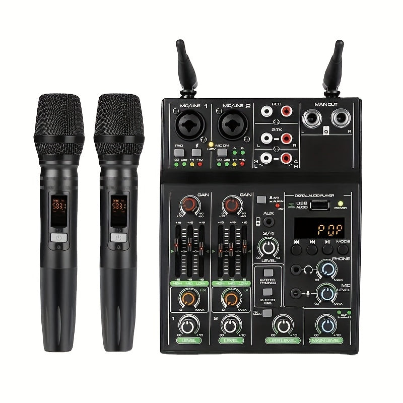 UHF mikrofon tizimi bilan 4-kanalli audio mikser, USB bilan quvvatlanadigan alloy qora, sahna, karaoke, jonli chiqishlar uchun