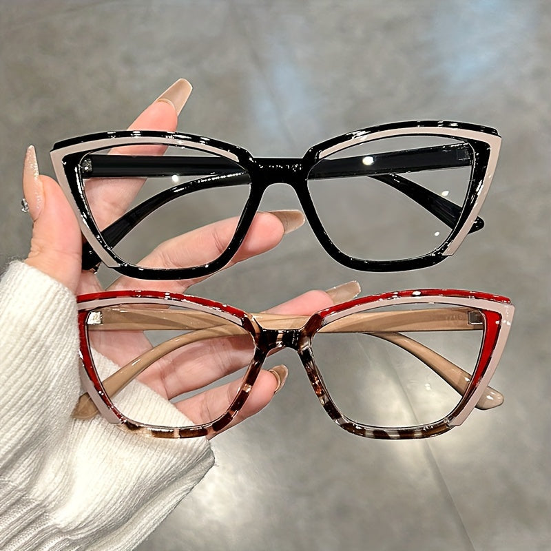 Retro Color Block Cat Eye Glasses for Women with Clear Lenses for Fashion and Computer Use