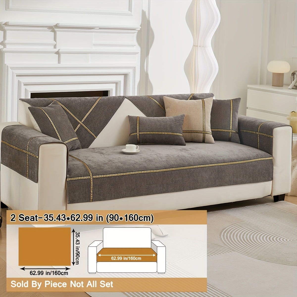 Серый чехол на диван из шенилля с золотой плетеной отделкой, противоскользящий, подходит для домашних животных, для 1-4 местных