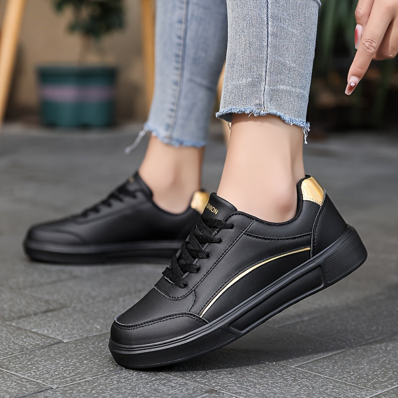 Women’s White Casual Sneakers with Gold Accents Breathable Lightweight Shoes