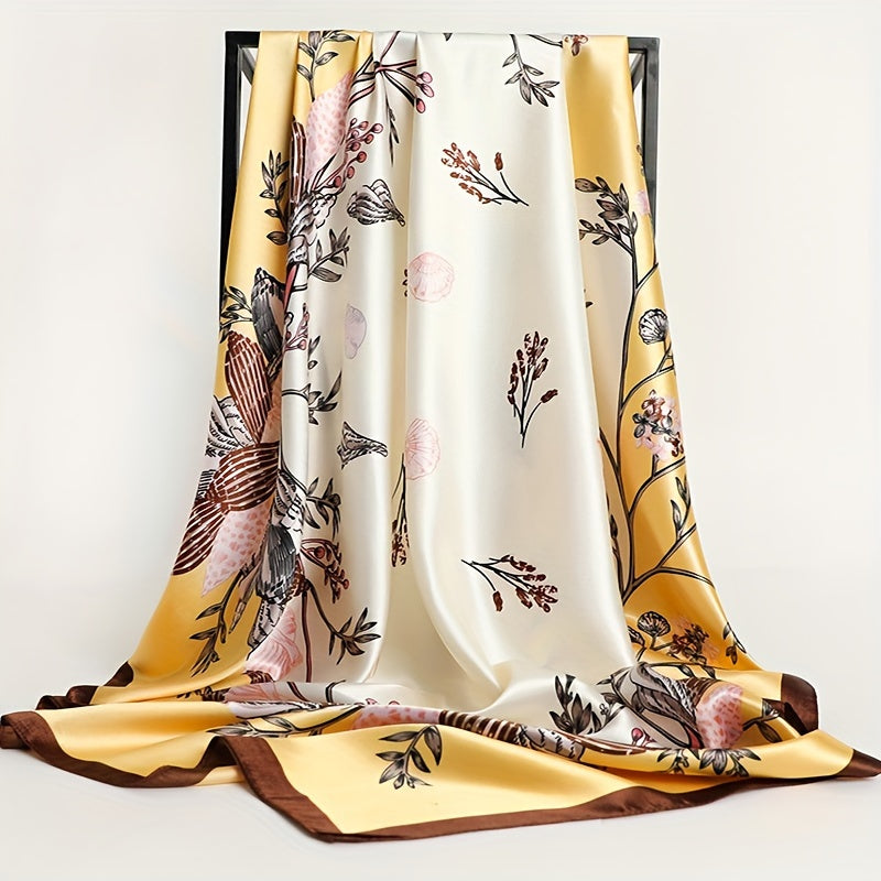 Women's Satin Flower Print Square Scarf 89.99cm Sun Protection Windproof Shawl