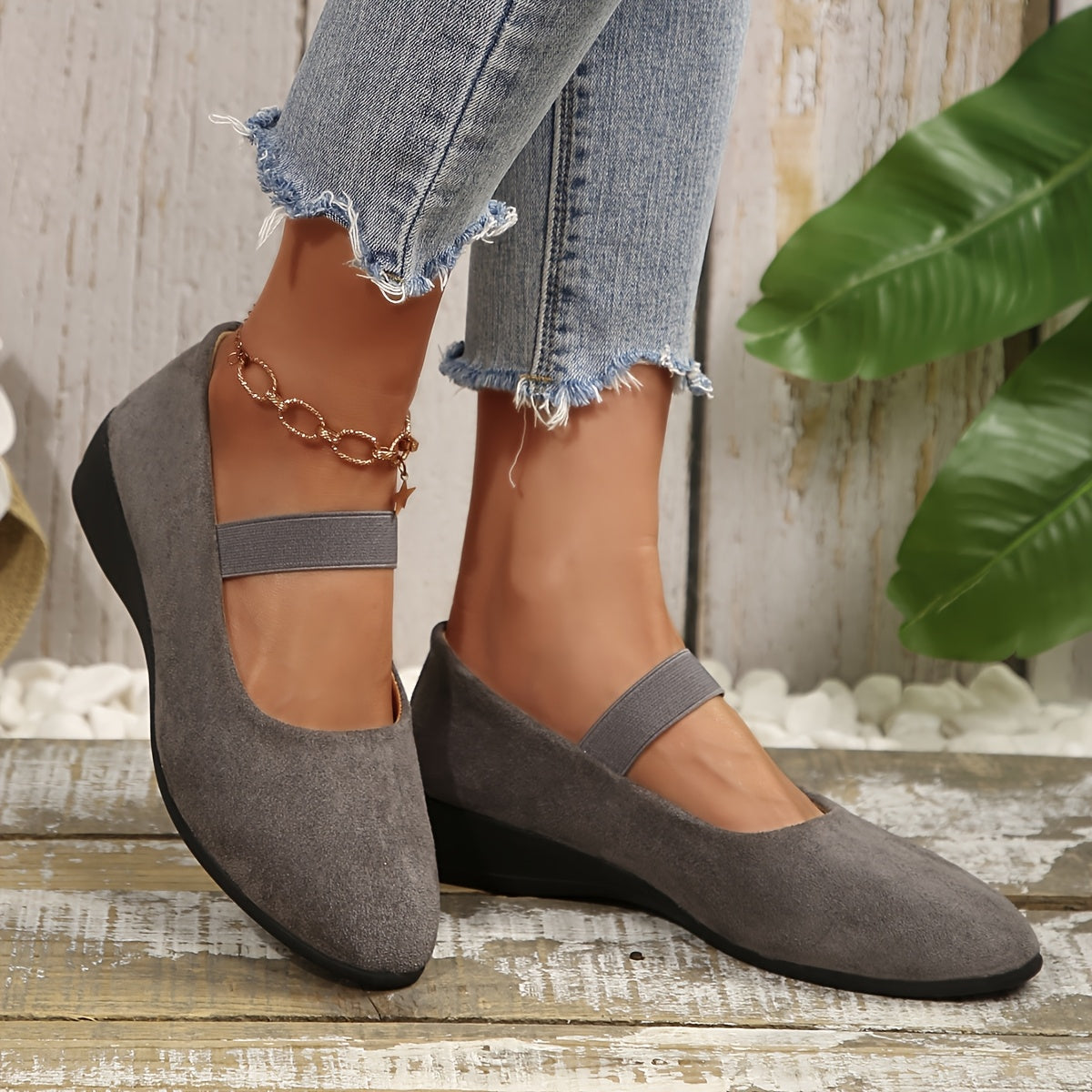 Women's Black Slip-On Wedge Heeled Shoes with Cushioned Insole and Rubber Sole