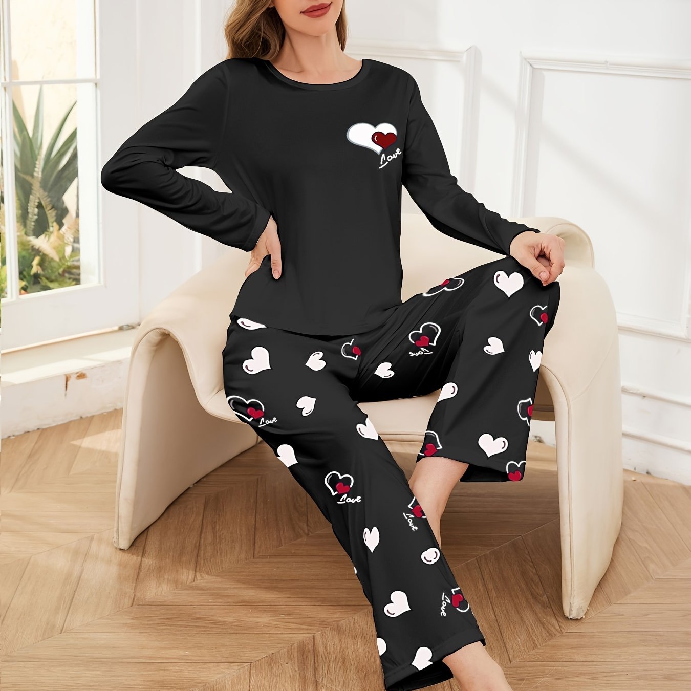Women's Heart Print Pajama Set Long Sleeve Crew Neck Top Elastic Waist Pants Fall Winter Polyester Blend