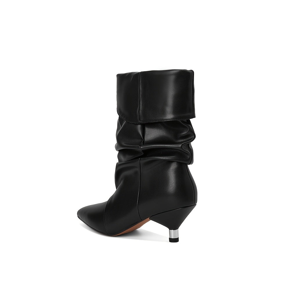 Women's Mid-Calf Faux Leather Western Stacking Boots Slip-On Toe