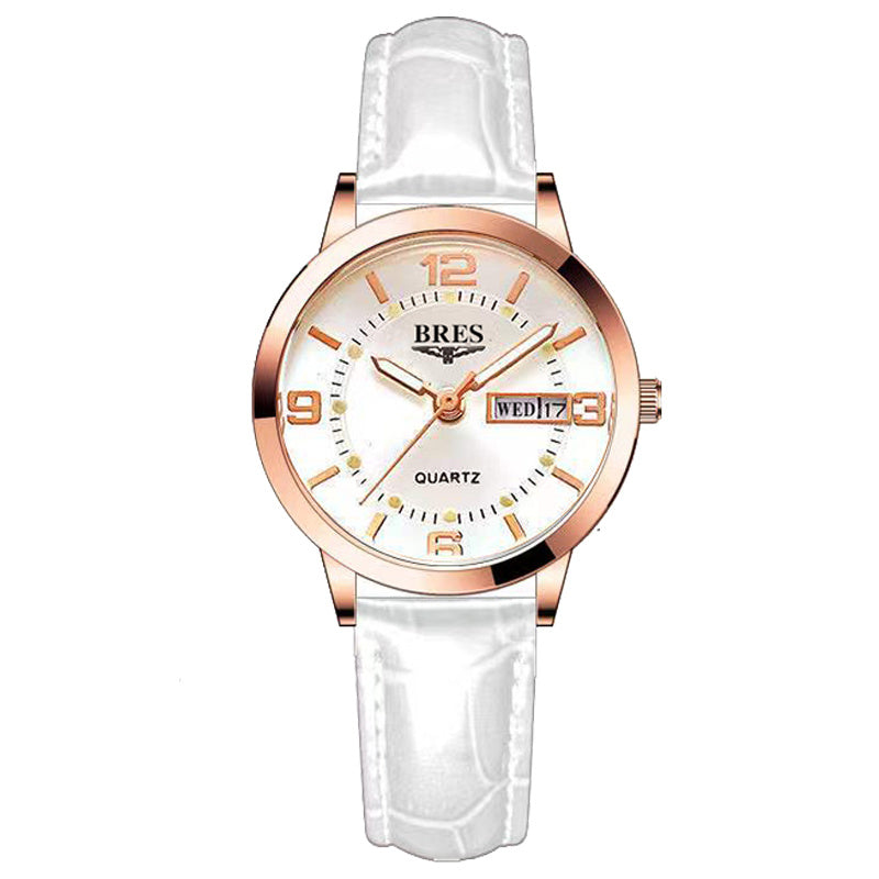 Women's Quartz Watch Leather Strap Dual Calendar Luminous Week Function
