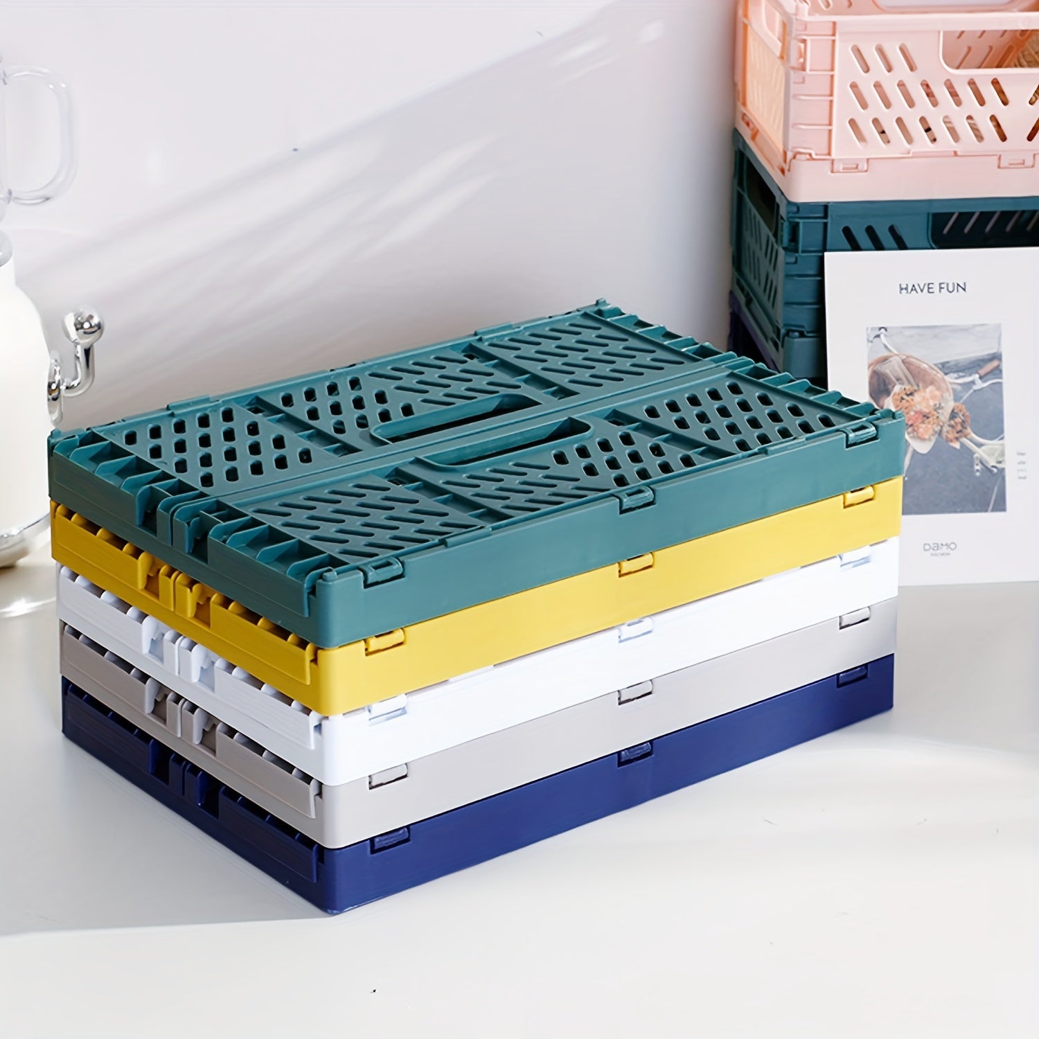 2-to'plam plastik yig'iladigan saqlash savatlari, tutqichlar bilan, uy uchun mos keladigan, aralash ranglar, ustki tashkilotchilar