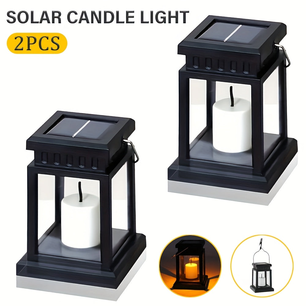Set of 2 Solar Lanterns with Flickering Flameless LED Lights for Outdoor Patio Lawn Decoration