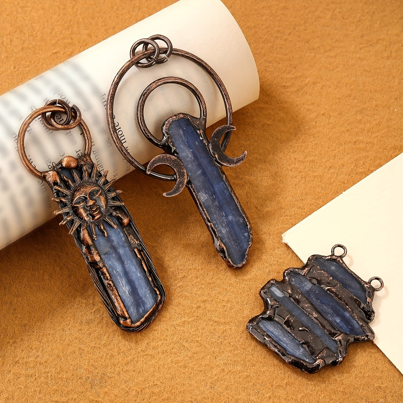 Unisex Handmade Kyanite Crystal Pendant in Vintage Boho Style with Copper and Rustic Plating