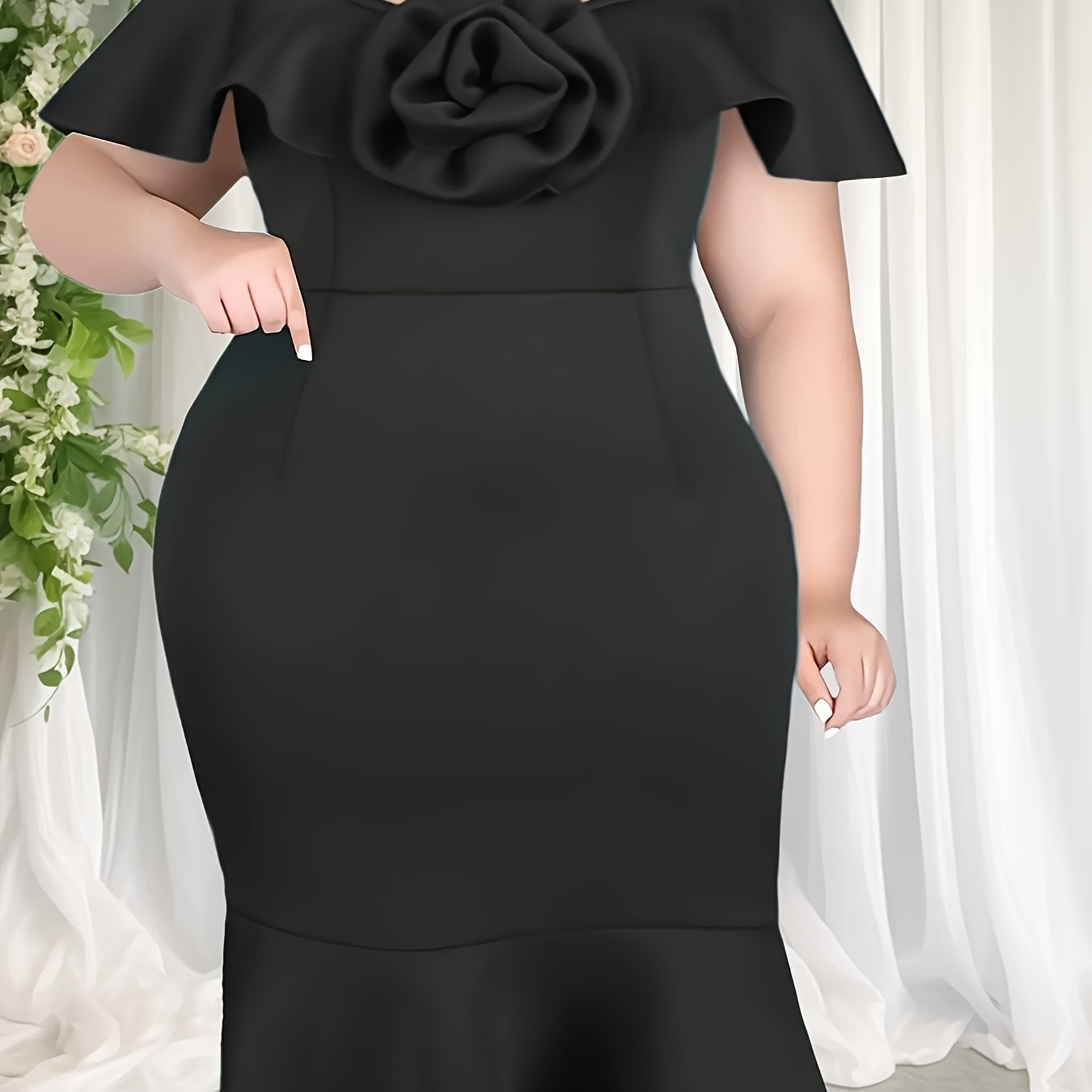 Plus Size Bodycon Mermaid Hem Dress Off Shoulder Floral Ruffle Midi Party
