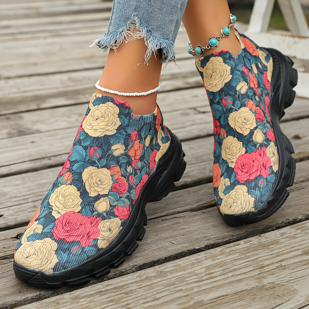 Women's Floral Print Slip-On Sneakers | Lightweight Breathable Fabric, Red Roses