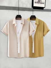 Plus Size Men's Casual Short Sleeve Button-Up Shirts Light Beige Yellow Polyester Summer Wear