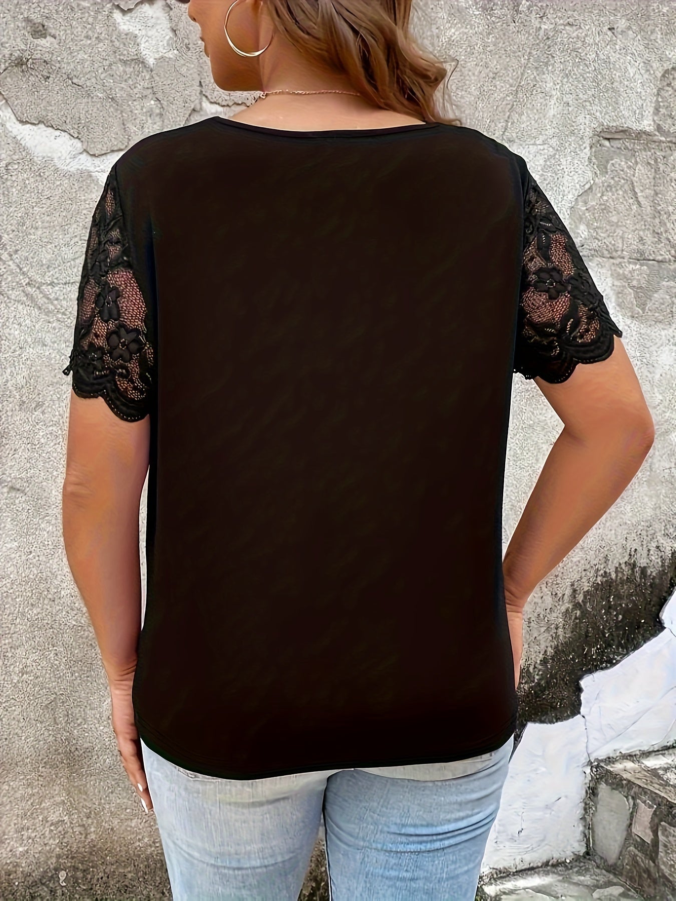 Plus Size V-Neck Short Sleeve T-Shirt with Lace Trim and Scallop Edge
