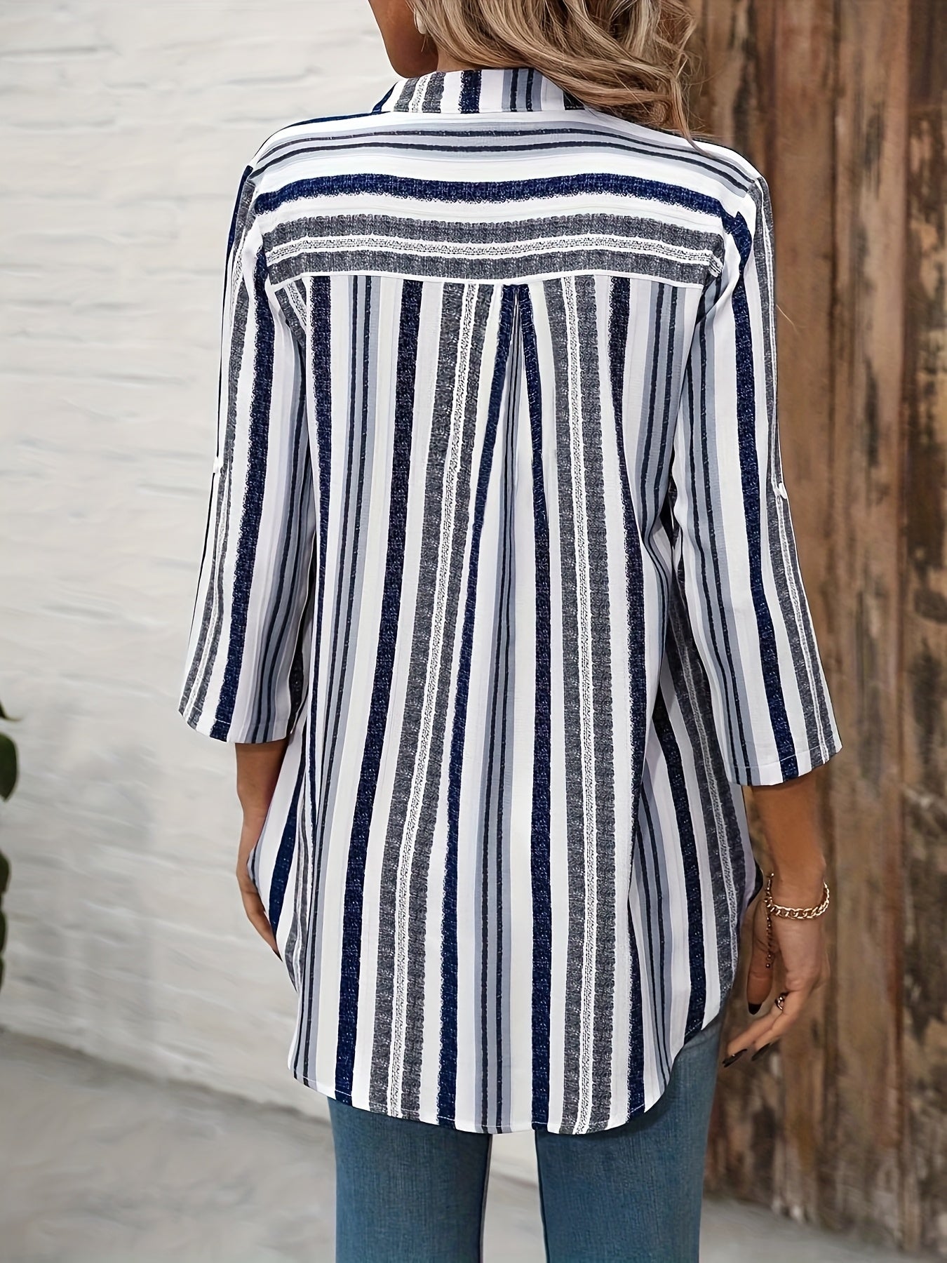 Women Striped V-Neck Blouse Long Sleeve NonStretch Casual Top Blue White
