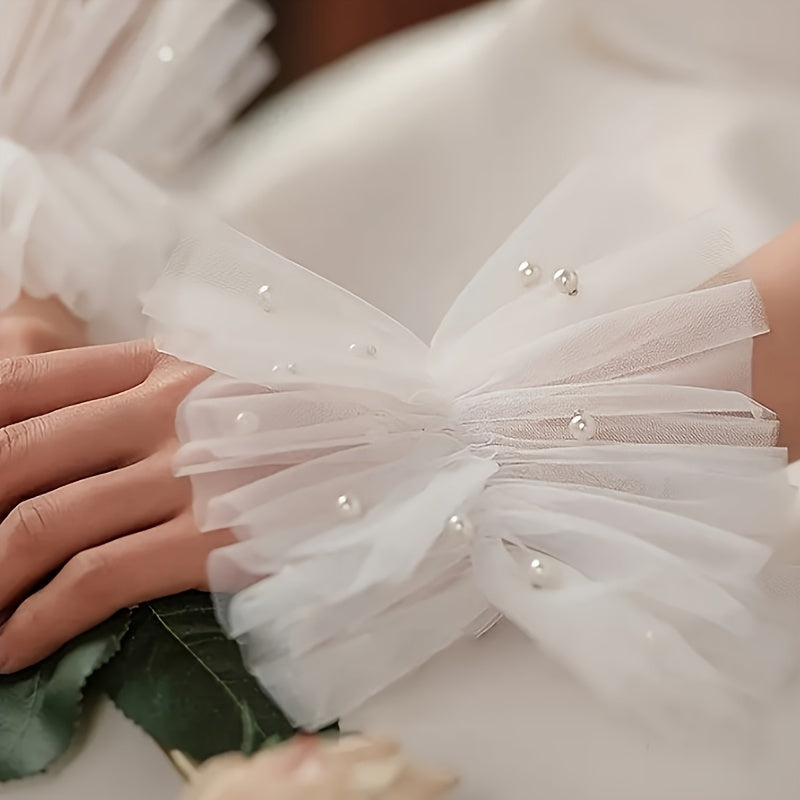 White Mesh Beaded Bridal Wrist Cuffs for Wedding Sleeve Decorations