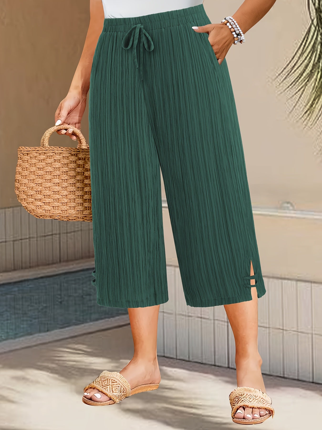 Plus Size Solid Pleated Pants Loose Spring Summer Women's Clothing