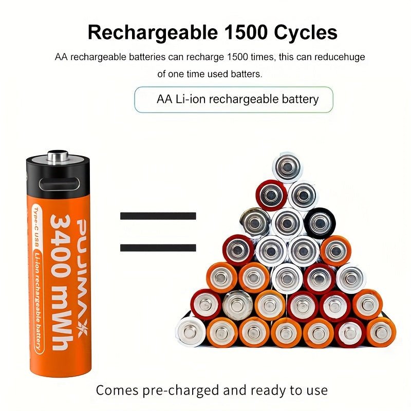 Rechargeable Lithium AA and AAA Batteries with Type-C Charging Port 3400mWh and 1100mWh