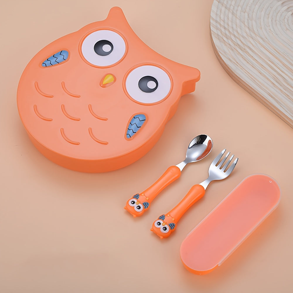 Kids Dinnerware Set 3-Piece Owl-Shaped Non-Toxic Polypropylene with Feeding Plate and Cutlery in Blue Pink Green Orange