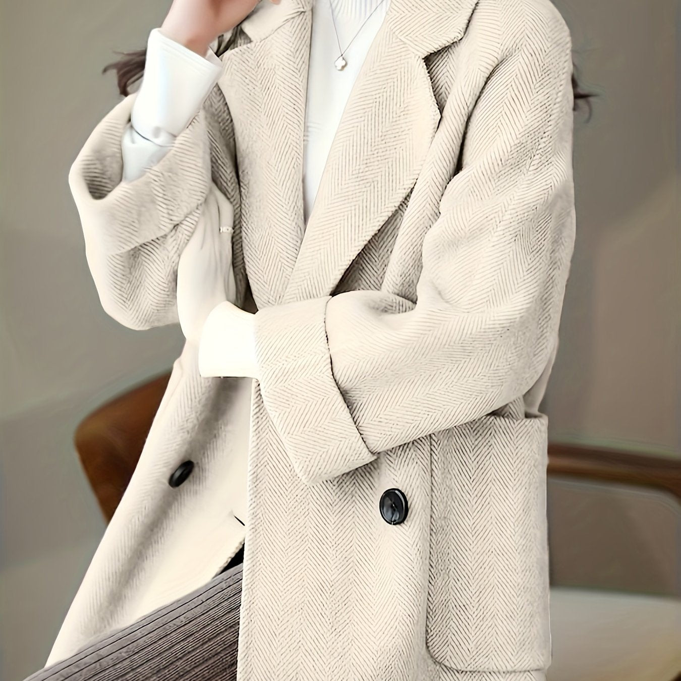 Women's Light Blue Striped Trench Coat with Pockets Long Sleeves Fall Winter Casual Textured Fabric