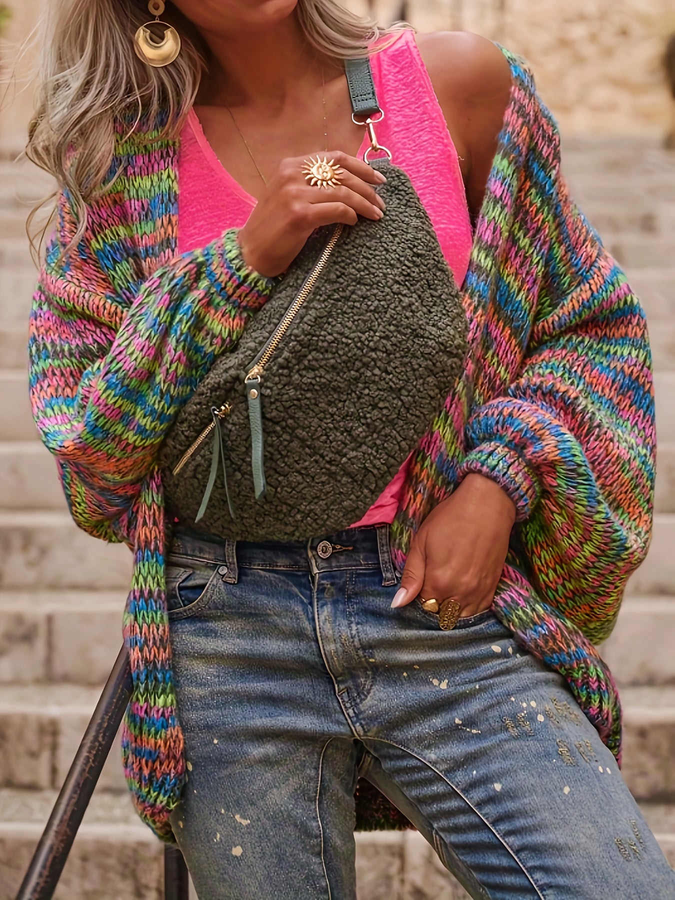 Plus Size Women's Sweater Open Front Colorful Stripes Cozy Fall Winter Pullover