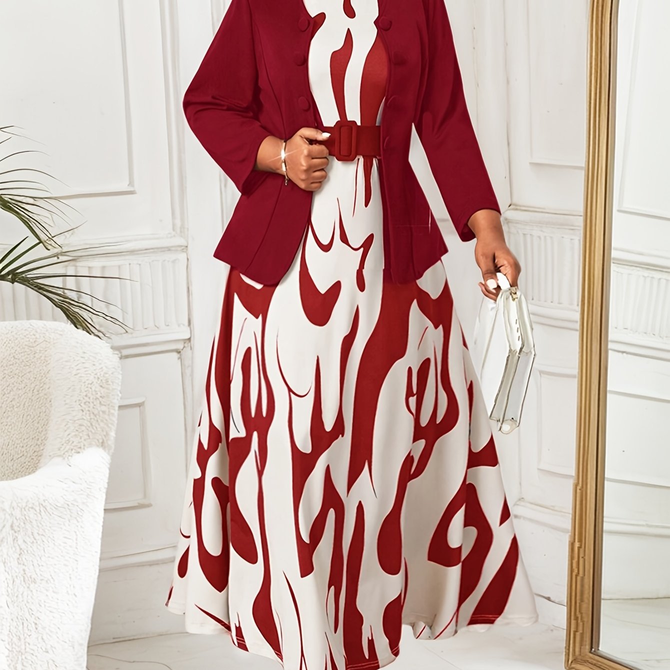 Plus-Size Pink Coat and Dress Set with Long Sleeves and Elegant Pattern