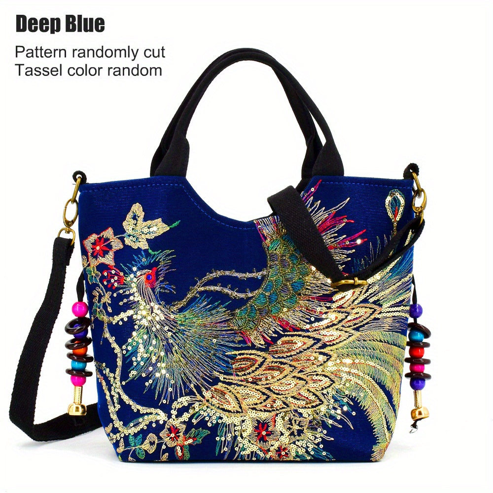 Embroidered Canvas Satchel Bag for Women with Double Handles and Removable Strap in Animal Print