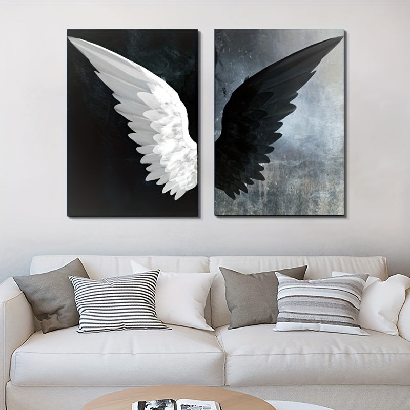 Set of Two Black and White Angel Wings Canvas Wall Art Prints for Living Room Bedroom Office