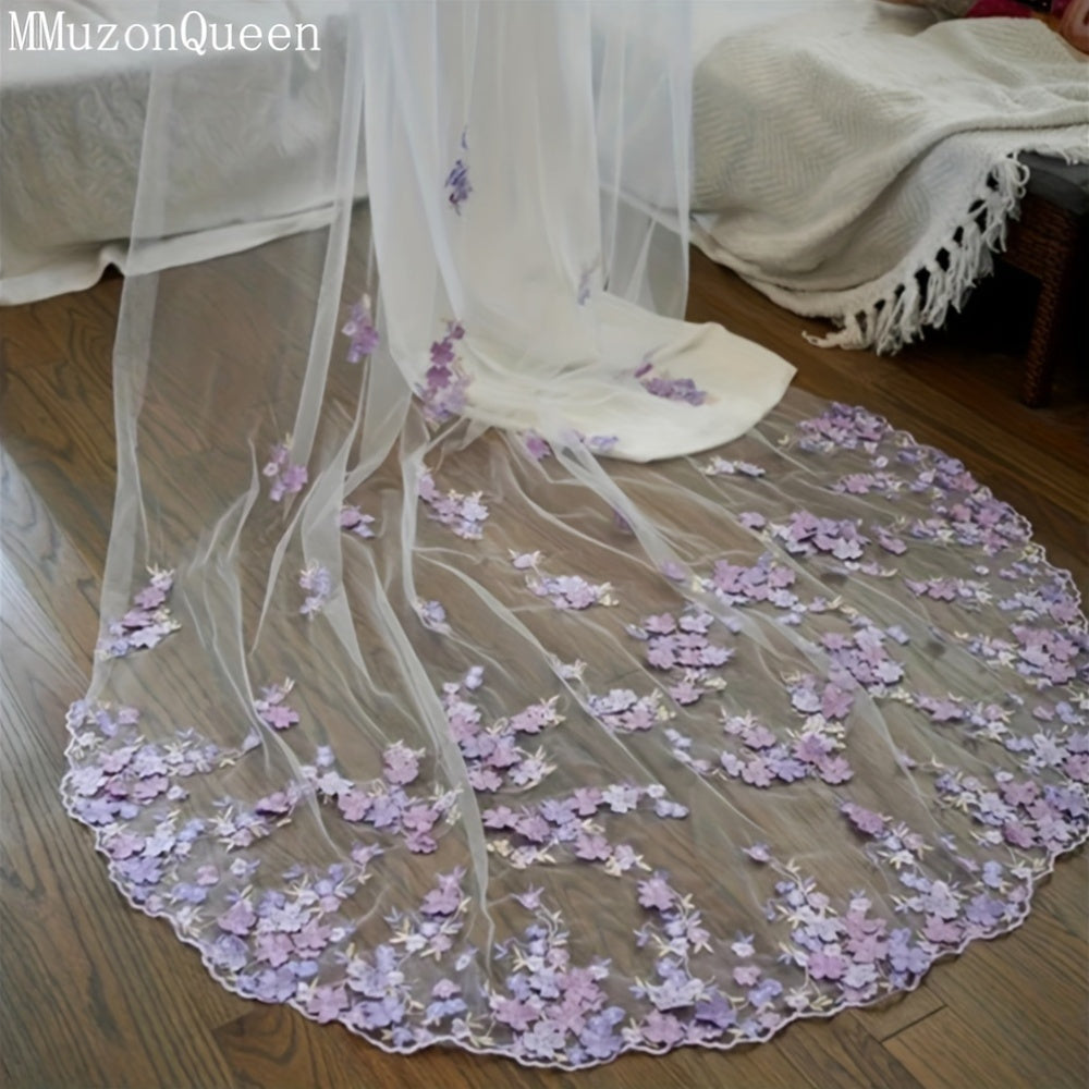 Velo de novia de nylon con encaje floral morado, accesorio de boda de un solo piso