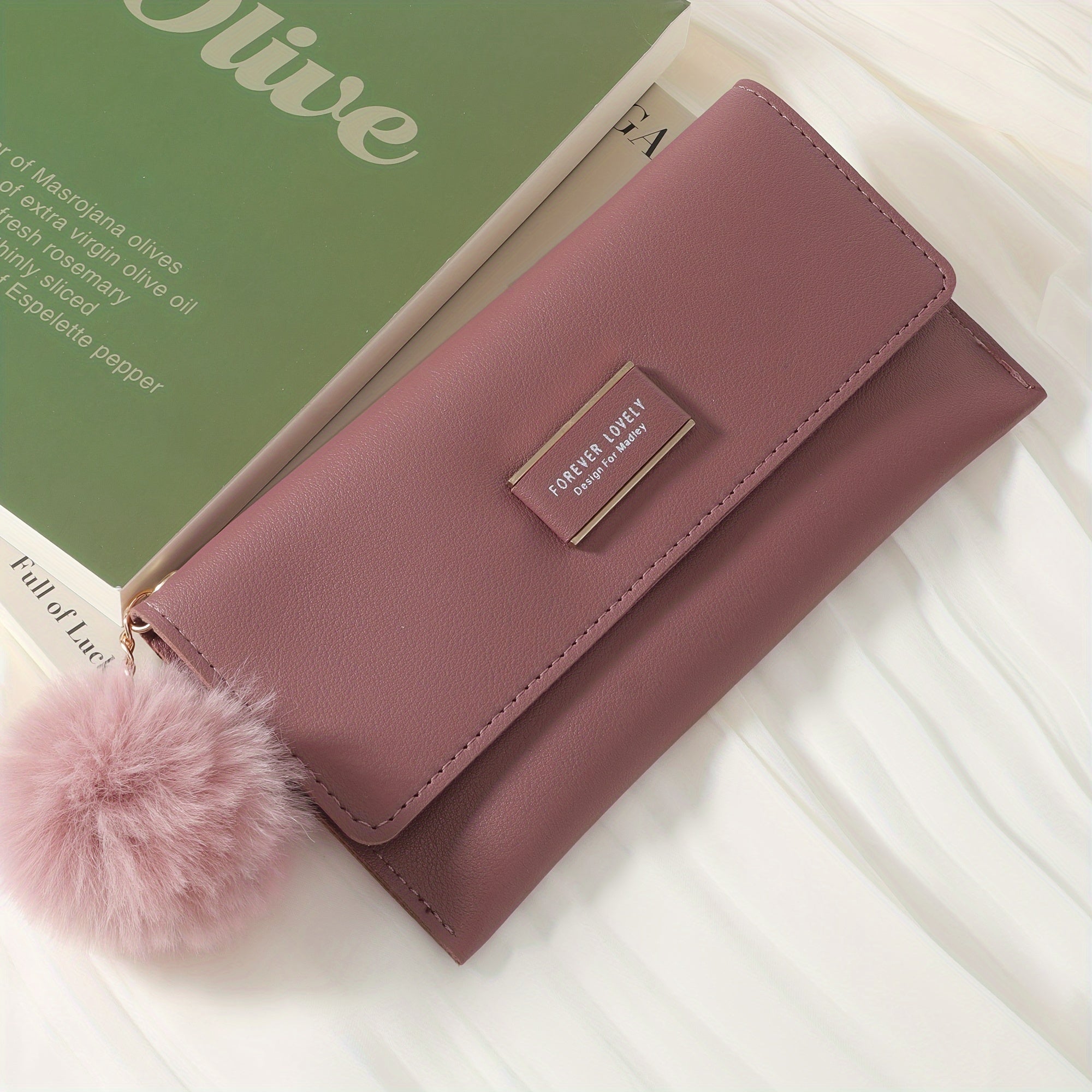 Women's Foldable PU Wallet with Fur Ball Decoration and Card Slots