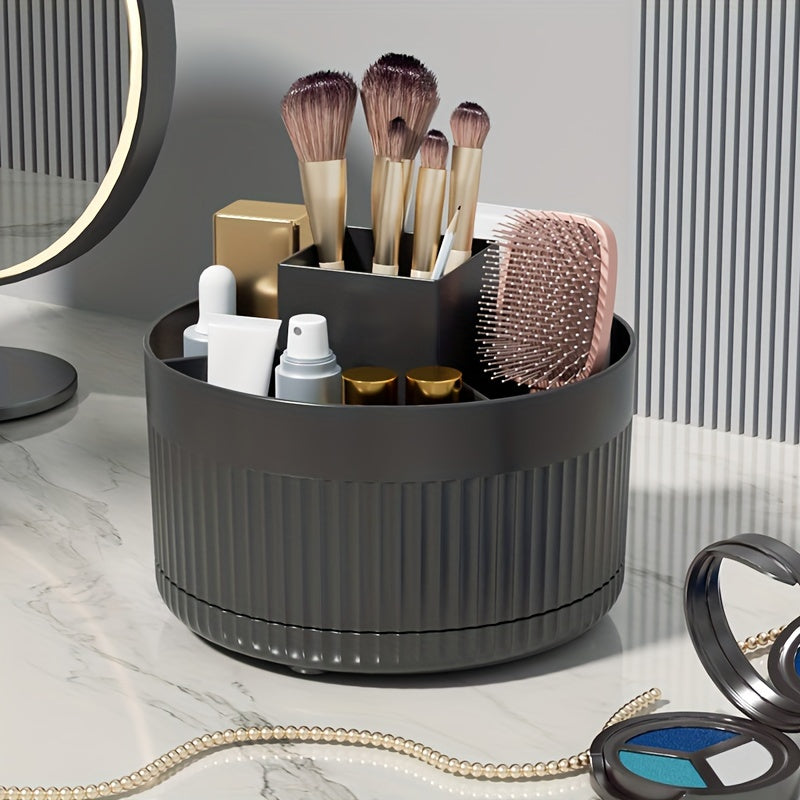 Black Rotating Makeup Organizer with Large Capacity and 5 Compartments for Brushes Skincare and Beauty Essentials