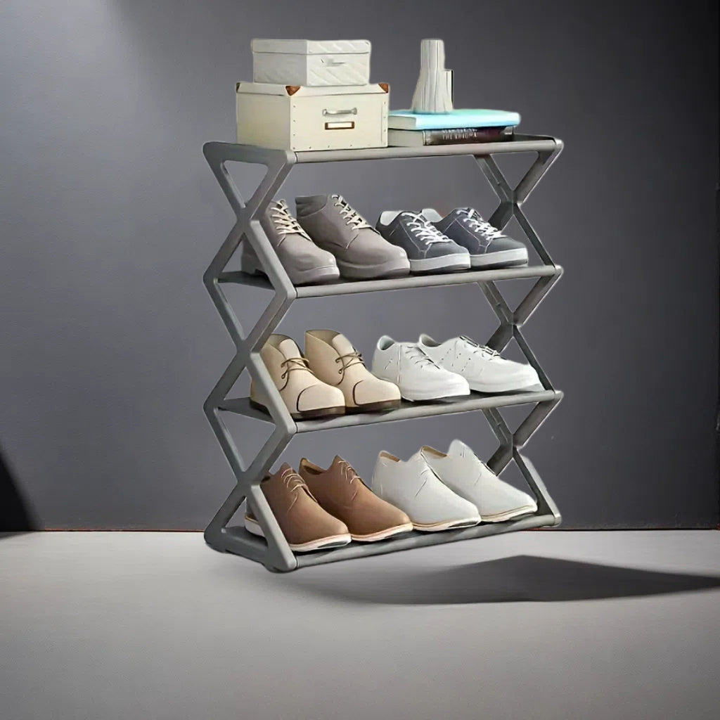 Estante para zapatos plegable negro contemporáneo de 4 niveles, organizador de suelo que ahorra espacio