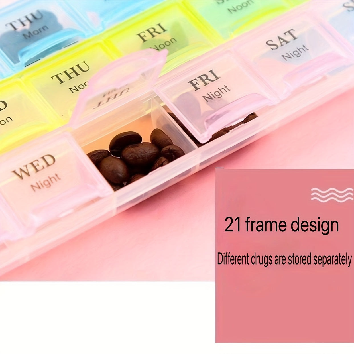 Weekly Pill Organizer 21 Grids with 3 Reminder Boxes for Travel and Vitamins