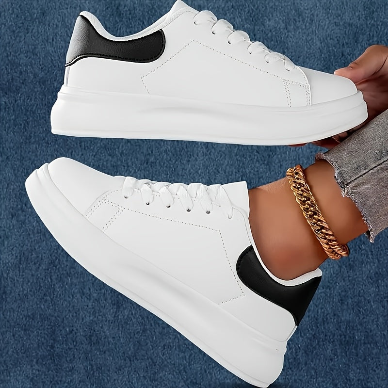 Women’s White Casual Sneakers with Black Accents, Lightweight EVA Sole