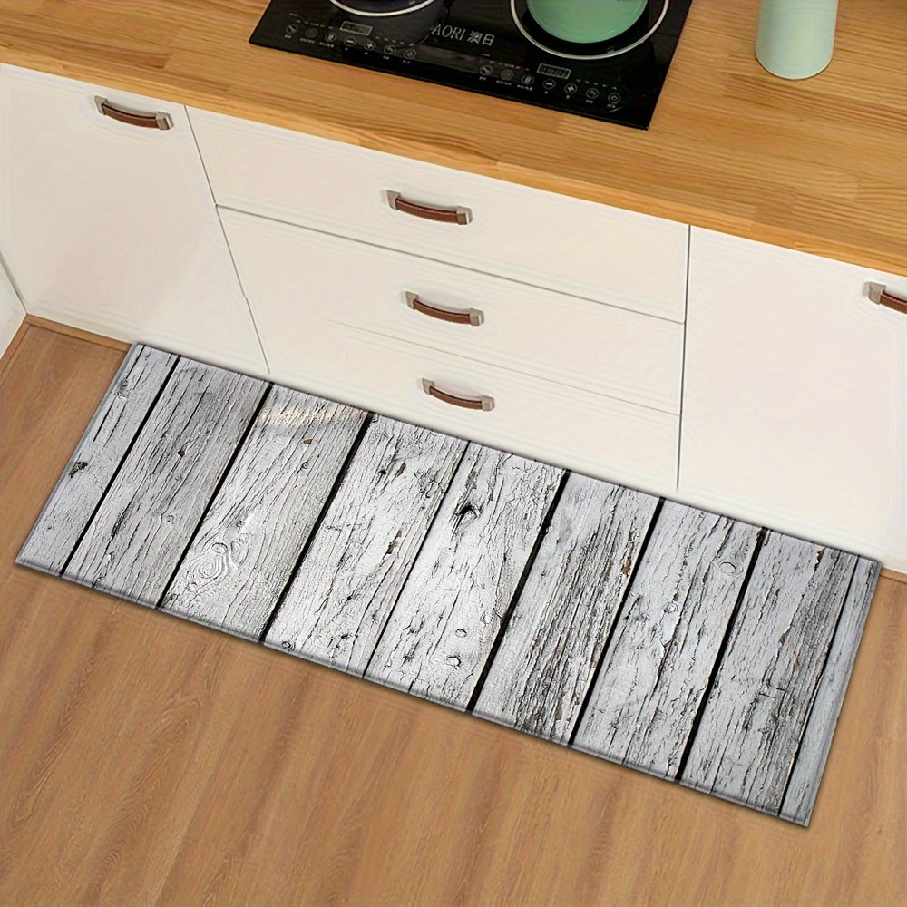 Gray and White Wood Grain Entrance Mat Water Absorbent Non-Slip Floor Rug