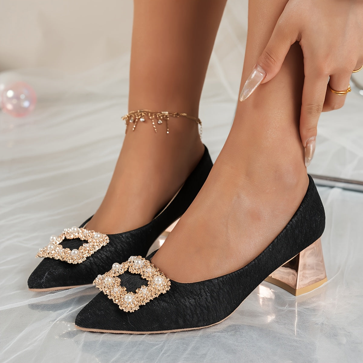 Women’s Elegant Pointed Toe Pumps with Pearl Sequin Embellishments