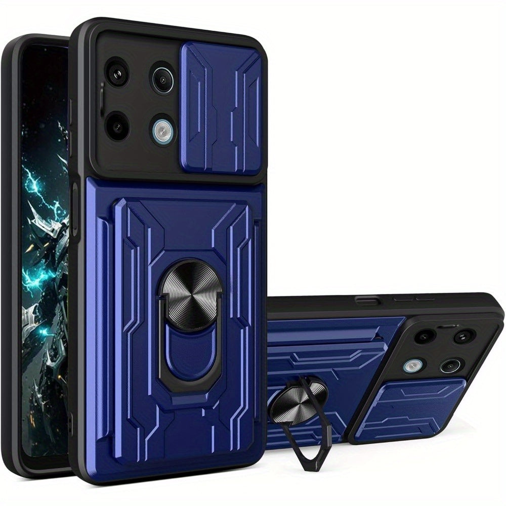 Black PC Phone Case for Xiaomi Redmi Note 13 with Card Holder Camera Cover and Kickstand