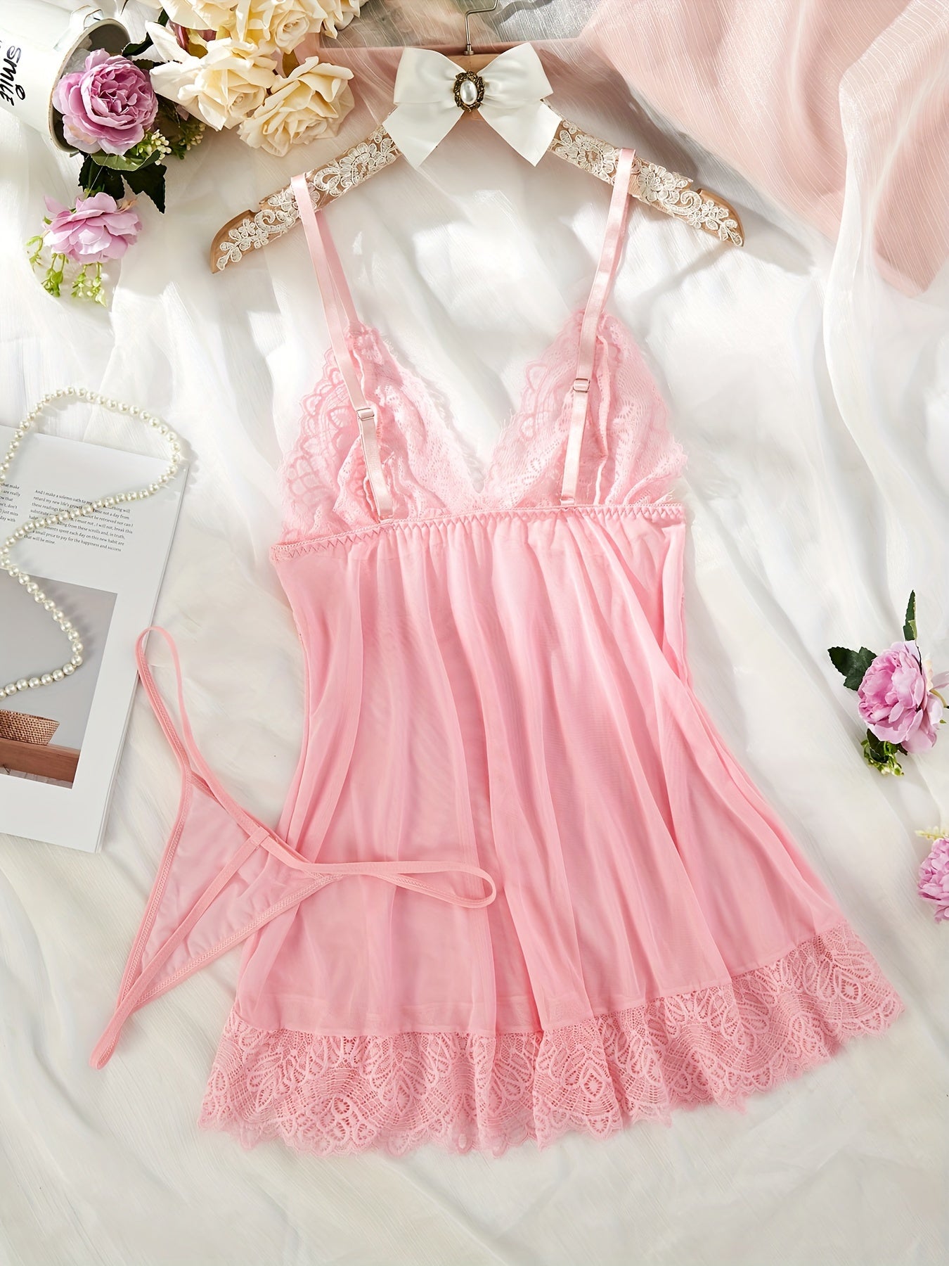 Pink Lace Nightgown Set with Satin Bow, Adjustable Straps, Sheer Boudoir