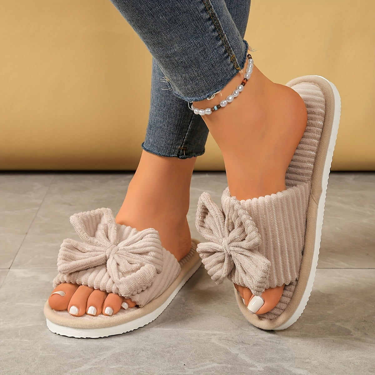 Women's Slip-On Slippers with Bow Soft Fabric Indoor Outdoor House Shoes