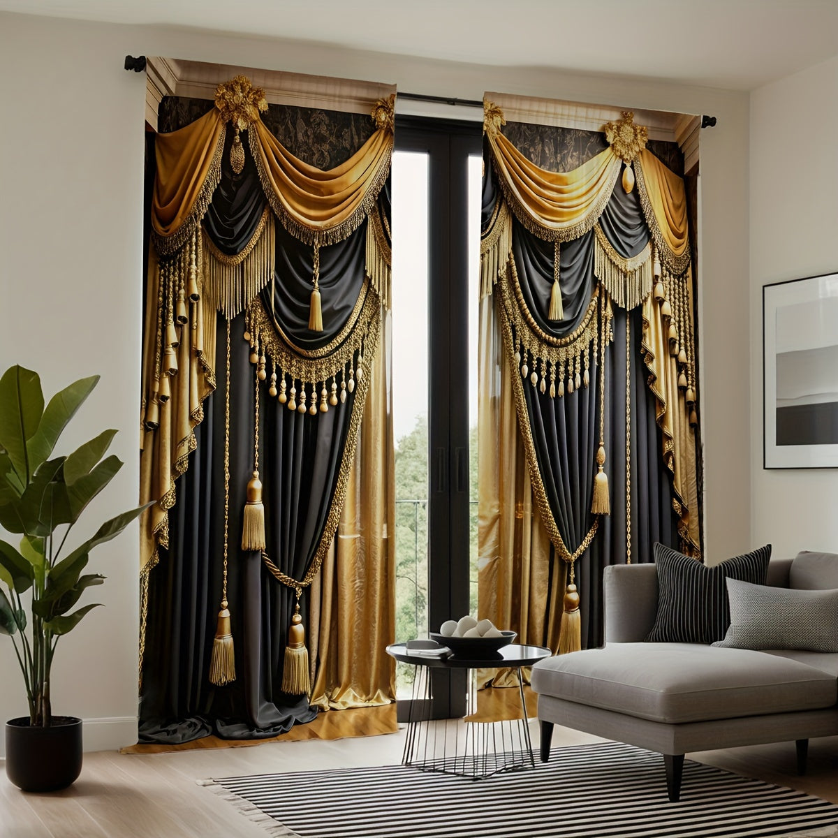2pc Black and Gold Semi-Sheer Polyester Valance Curtains Rod Pocket for Living Room Bedroom