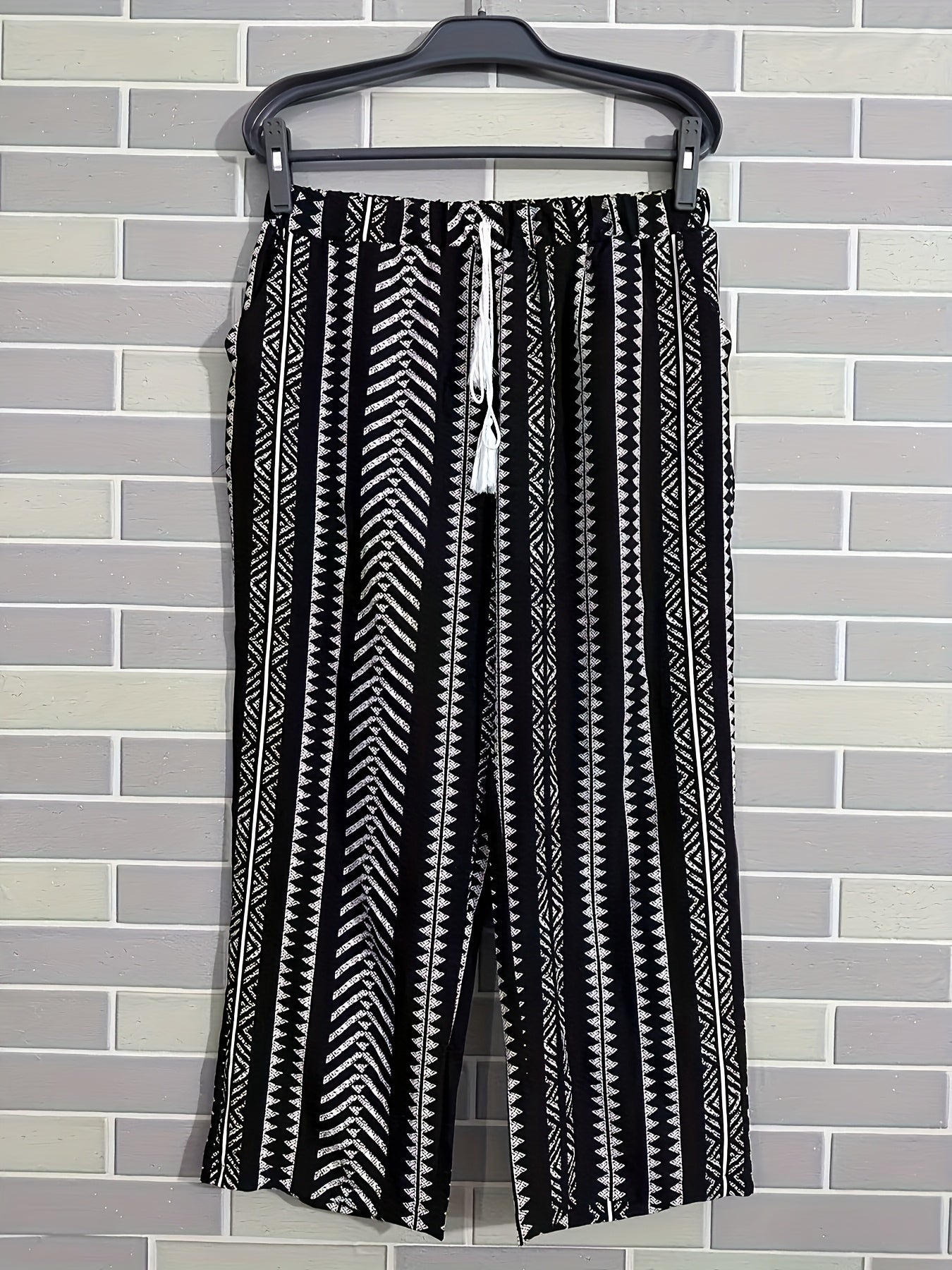 Women's Black White Geometric Chevron Wide-Leg Pants Elastic Waist Casual