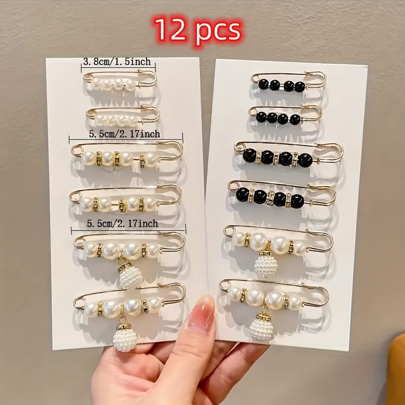 6 ta qora va oq rangdagi nafis sun'iy marvarid broshkalari, har qanday kiyim uchun mukammal.