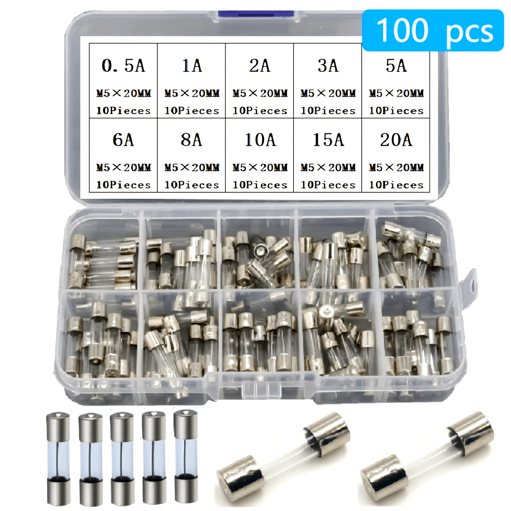 100-Piece Glass Fuse Assortment Kit 5x20mm 0.2A–20A for Electronics