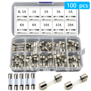 100-Piece Glass Fuse Assortment Kit 5x20mm 0.2A–20A for Electronics