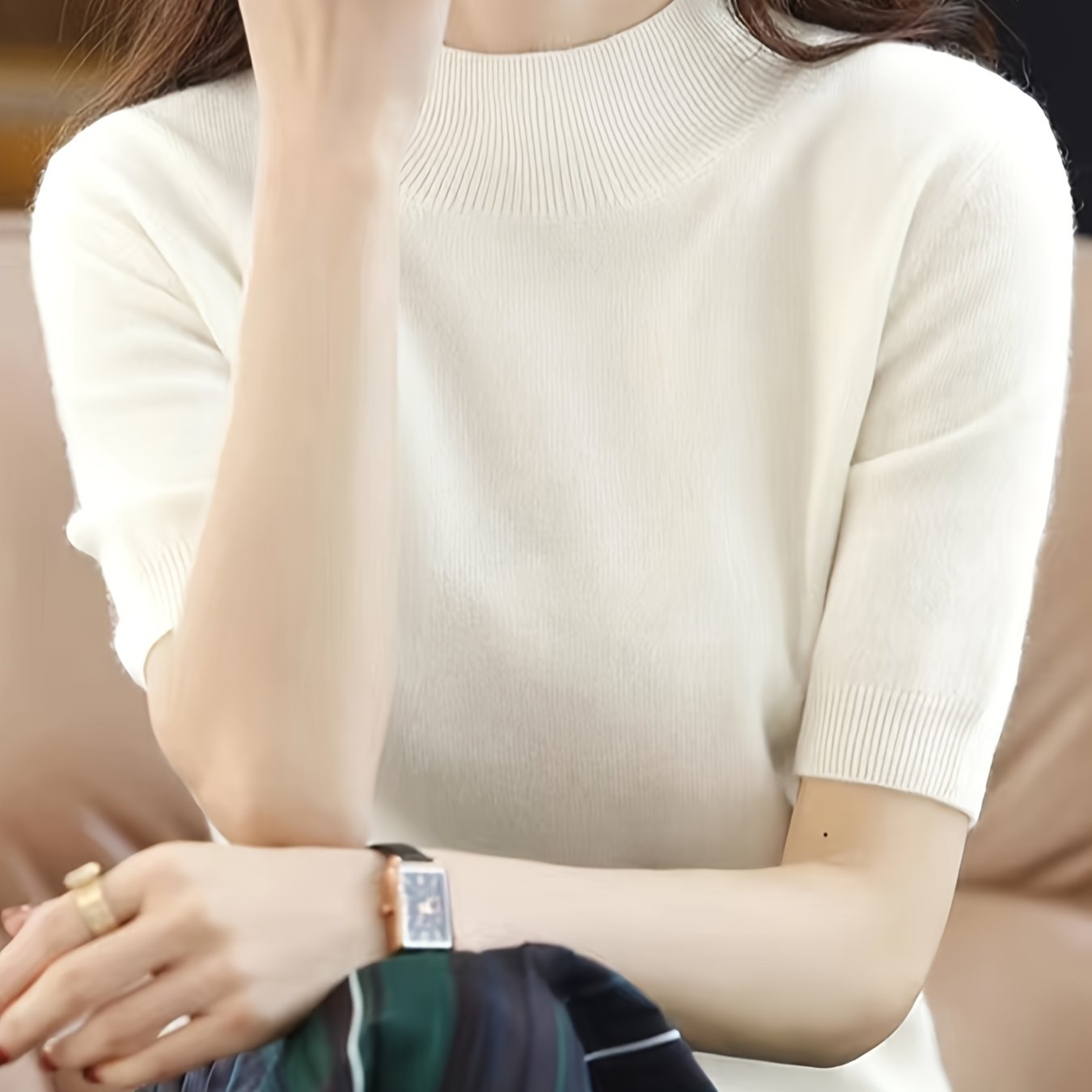 Suéter de punto para mujer con cuello alto de canalé, color sólido, para todas las estaciones
