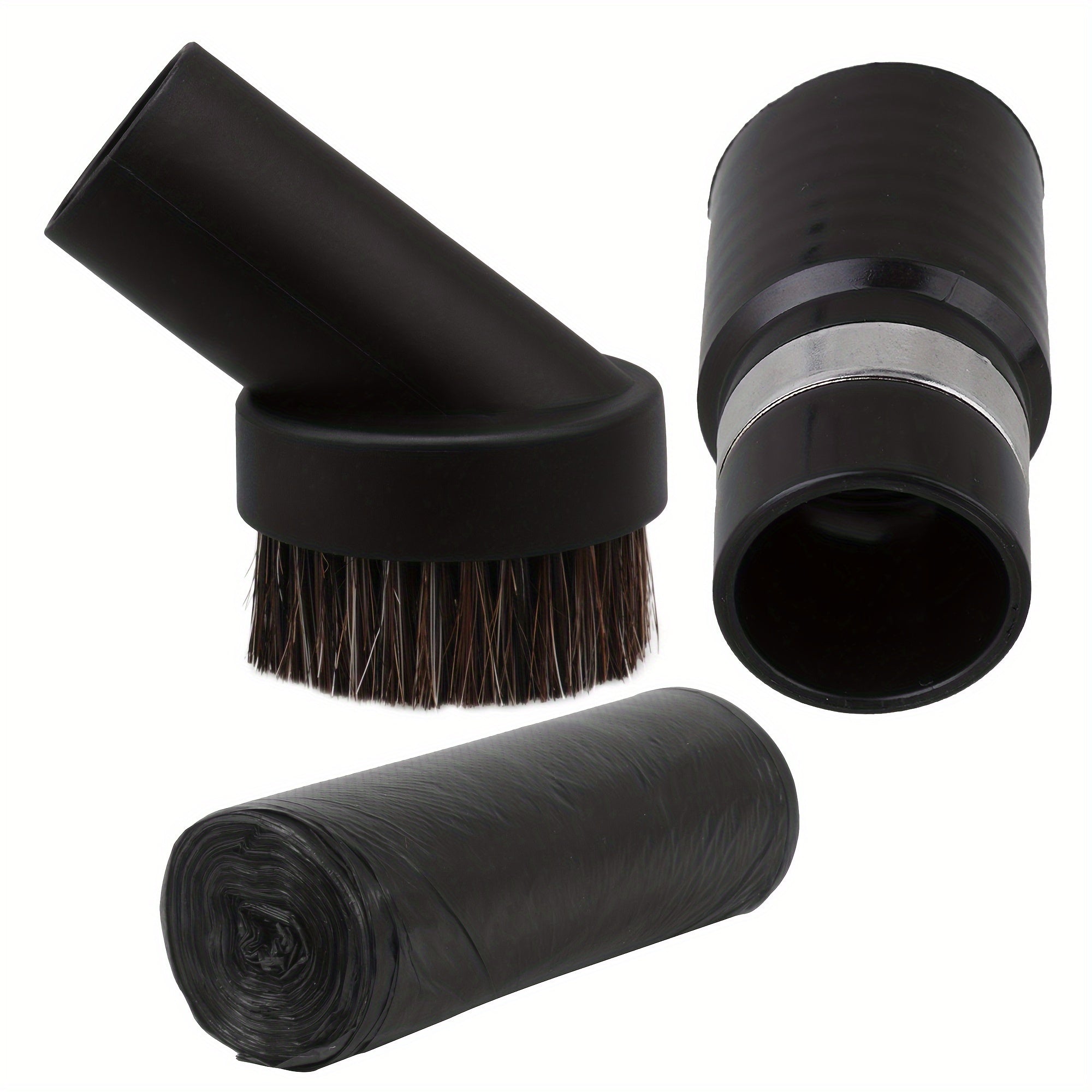 1 Ta'sirli changyutgich uchun dumaloq cho'tka qo'shimchasi, 32mm ichki diametri, 25mm cho'tka uzunligi, qora; 1 32mm quvur ulanishi, 2 oq nylon qo'lqop, 20 biodegradatsiyalanuvchi qalin tekis og'zli chiqindi sumkalari