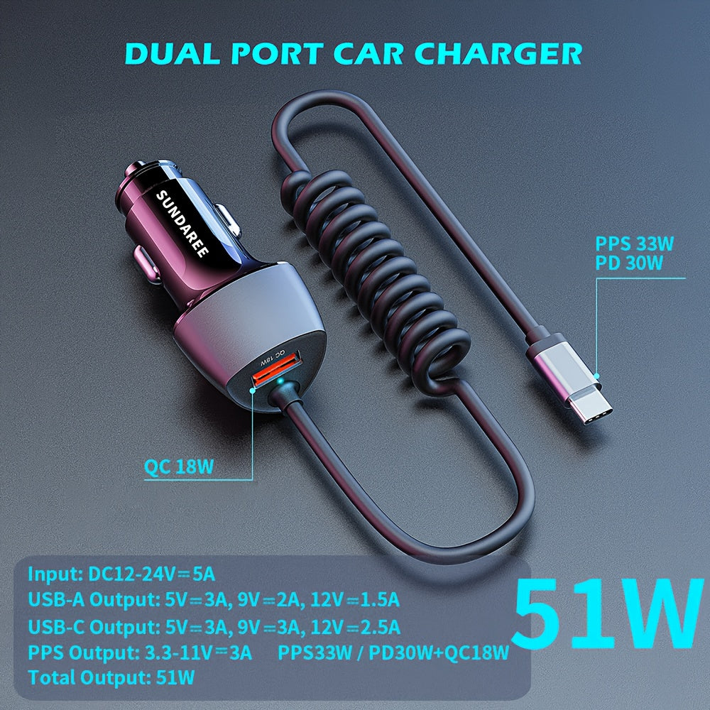 USB C Car Charger 51W Fast Charging PD QC3.0 with Coiled Cable for Android Devices