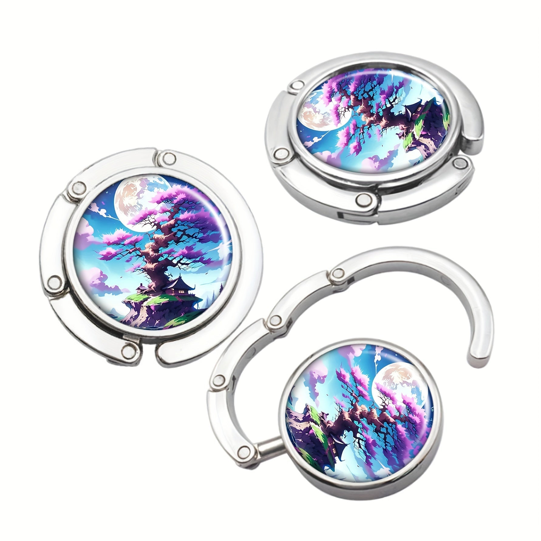 Folding Metal Purse Hanger with Cherry Blossom Tree and Moon Design Portable Handbag Hook Stylish Bag Holder