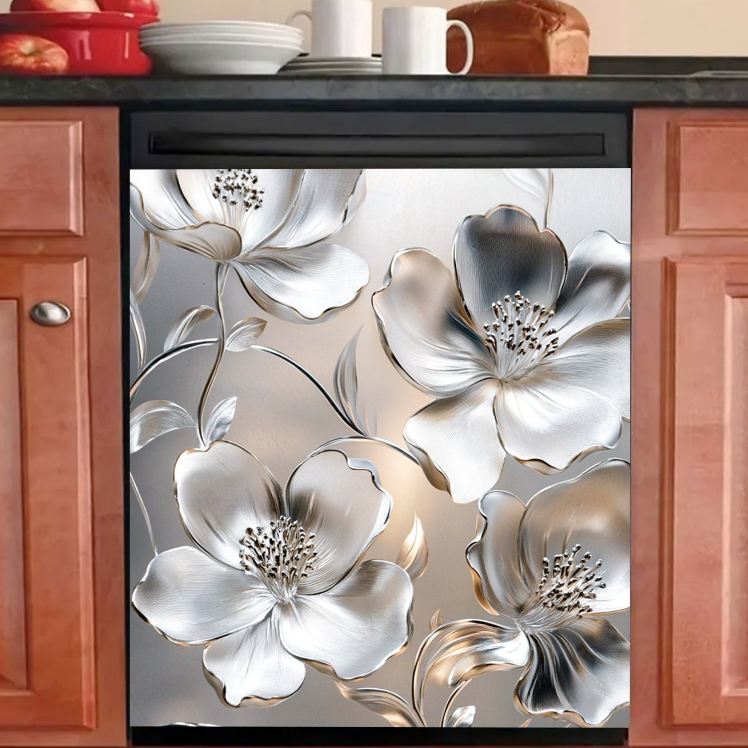 Серебристая 3D-цветочная магнитная крышка для посудомоечной машины, водонепроницаемая, термостойкая, 58,5x65 см