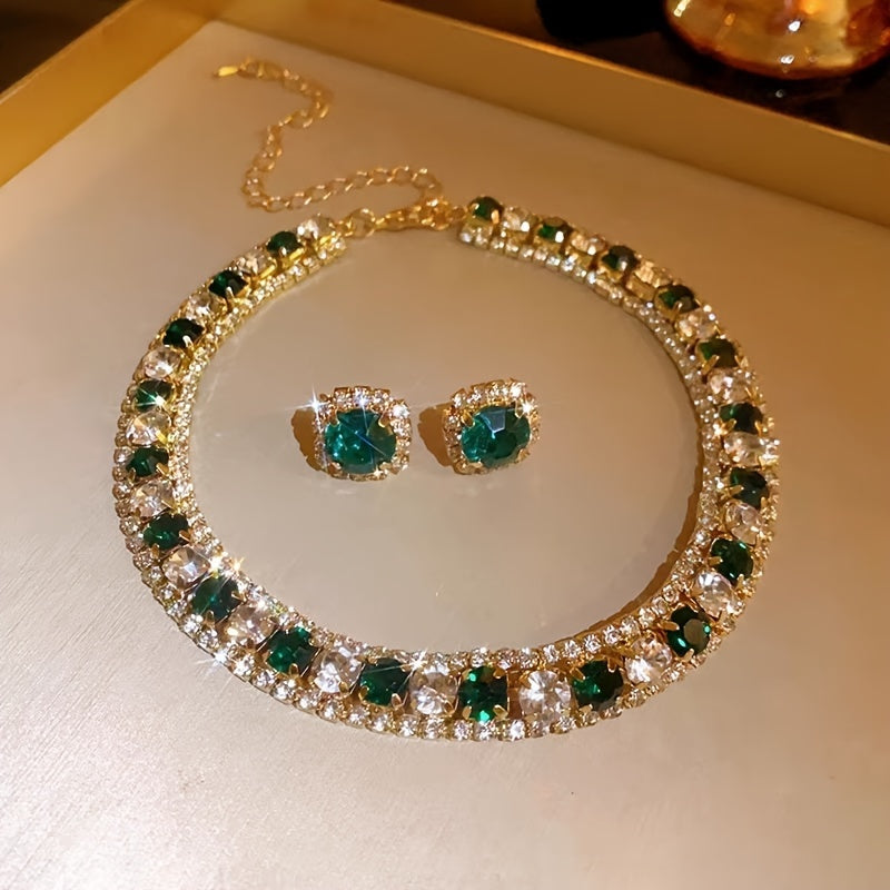 Green Rhinestone Necklace and Earrings Set for Women with Sterling Silver Posts