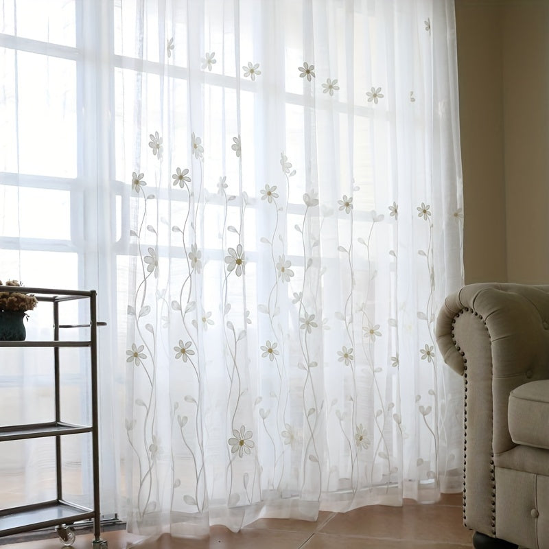 Cortinas de gasa blancas con bordado floral para sala de estar y dormitorio