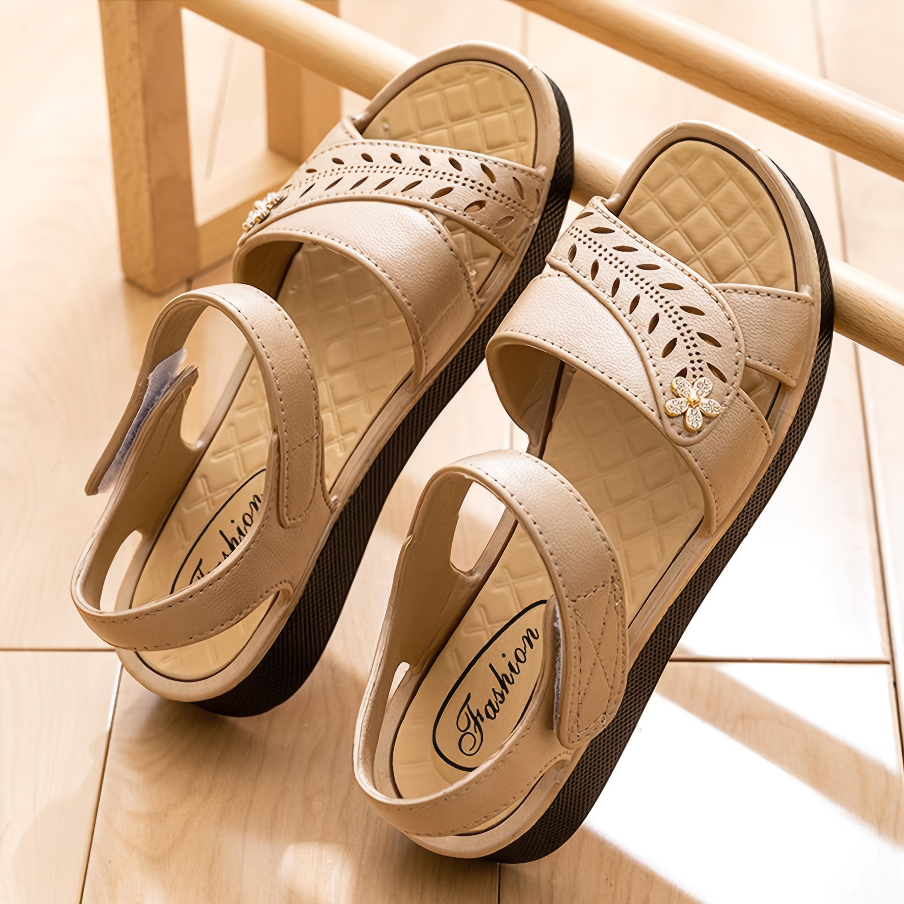 Women's Slip-On Cushioned Sandals Beige White Low Heel Platform Shoes